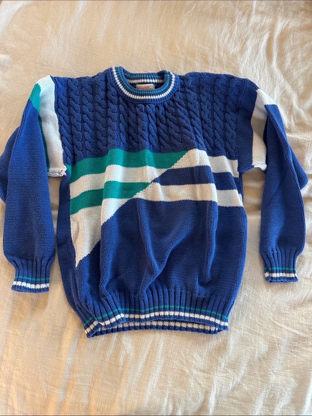 Vintage Blue Cable Knit Sweater with White and Teal Stripes 90s vibes
